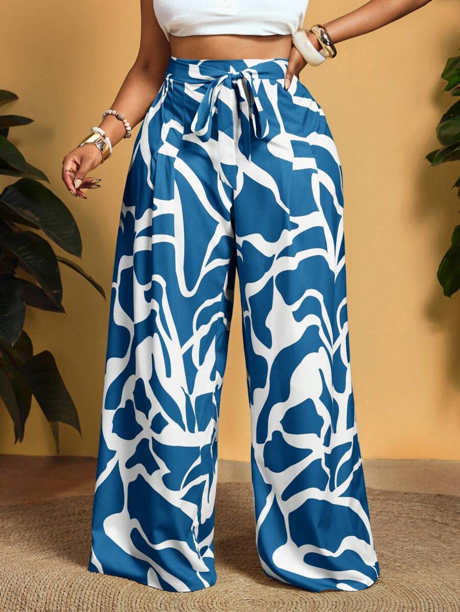 Slaydiva Plus Size Casual Allover Print Wide Leg Pants - Blue - View 1