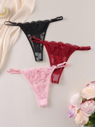 SHEIN 3 st/förpackning, låg midja, spets G-stringstrosor för kvinnor med slumpmässigt hjärtmönster