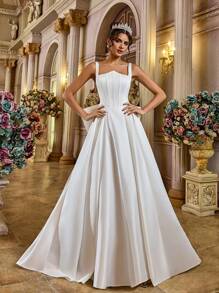 Glamrae 优雅浪漫不对称领口细肩带 V 型腰线褶皱超喇叭裙 U 型后背系带超大蝴蝶结装饰背部设计婚礼新娘礼服