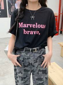 DAZY 女士休闲字母印花圆领短袖 T 恤、图案 T 恤 - 黑色 - 查看 5