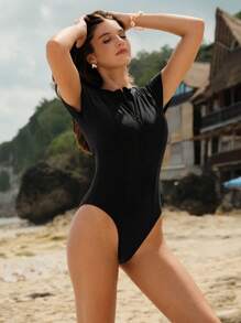 SHEIN Swim SPRTY Women's Basic Sports Short Sleeve Cut-Outs One-Piece