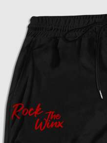 ROMWE MEN Winx Club X ROMWE Pantalones cortos de cintura con cordón para hombres, diseño gráfico de letras y figuras 2 en 1 - Negro - Ver 3