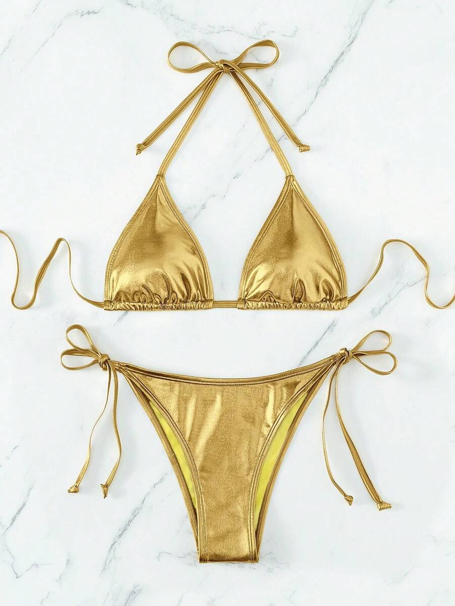 Swim Mod Women's Summer Beach Solid Color Metal Texture Halter Tied Sexy Bikini 2 Pieces Swimwear Set - Yellow - View 1