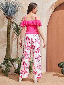 2pcs Chic Teenager Vacation Style High-End Ruffled Top & High Waist Wide Leg Printed Pants Set - Hot Pink - View 2