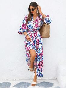 Vivid Eden 女士长款彩色花卉印花连衣裙，适合春夏季度假