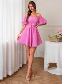 SHEIN VCAY Rochie mini la modă cu mâneci bufante scurte, cu umăr liber, potrivită pentru vacanță - Roz - Vizualizare 5