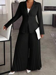 Elenzga Plus Size Solid Color Long Sleeve Striped Pleated Pants Suit Set Graduation,Back To School,Teacher Outfits For Women
