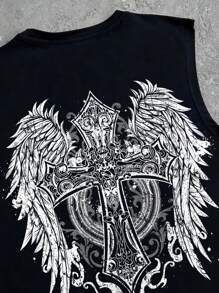 Manfinity ZONE917 Men's Street-Style Wing & Cross Print White Tank Top, For Concert - Black - View 2