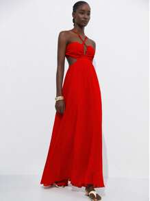 Aveloria Modichic Abito in chiffon rosso con schienale scoperto e senza maniche