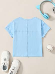 SHEIN Young Girls Short Sleeve Crew Neck Knitted Top Tee, Creative Patchwork Design, Loose Casual Comfortable Cute Solid Color Simple Sports T-Shirt, Summer Daily Versatile Wear - Cadet Blue - View 7