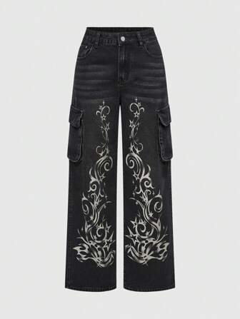 Grunge Punk Jeans da donna con vita ultra bassa, gamba larga e stampa futuristica di Cibersigismo stile Y3K