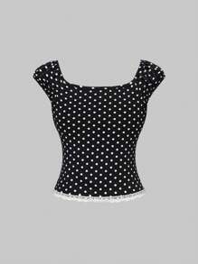 ROMWE Kawaii 女式 V 领蝴蝶结装饰撞色波尔卡圆点修身 T 恤，百搭夏季