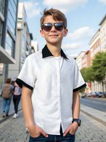 SHEIN Leap Crew Soft And Casual Textured Fabric Polo Collar Short Sleeve Shirt And Textured Fabric Shorts 2 Pieces Set, Suitable For Outgoing, Street Style, Party, City Walk For Tween Boys - White - View 2