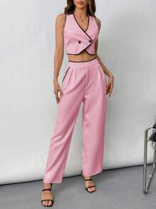 Aveloria Modichic 2pcs Office Lady Elegant Matching Contrast Trim Overlap Button Vest And Contrast Trim Pants Suit 