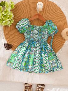 SHEIN Baby Mädchen Vintage Lässig Kleid mit Tasche, Sommer neue Mode - Grün - Übersicht 2