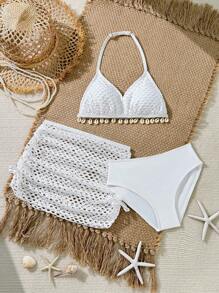 SHEIN Tween Girls Fashion Simple Shell Print  Bikini Set With Ruched Beach Skirt Summer Holiday - White - View 1