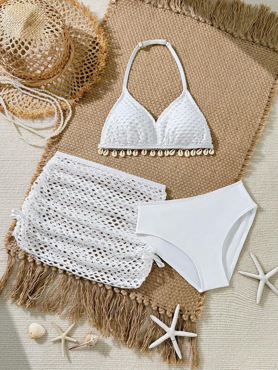 SHEIN Tween Girls Fashion Simple Shell Print  Bikini Set With Ruched Beach Skirt Summer Holiday - White - View 1