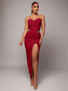 Silquee Early Spring & Summer Romantic Valentine's Day/Date Apricot Linen Asymmetric Bust Cup Detail Curved Hemline Women Tank Top, Asymmetric Hem Spaghetti Strap Dress, Valentine's Day Dress, Party Dress, Romantic Date Dress, Bridesmaid Mini Dress, Ball Gown, Daily Commute Dress, Sexy Vacation Dress - Burgundy - View 2