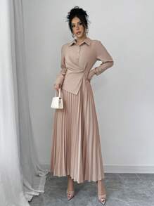 Elenzga 女士休闲纯色优雅褶皱腰中长连衣裙，秋季长款女装 - 駝色 - 查看 6