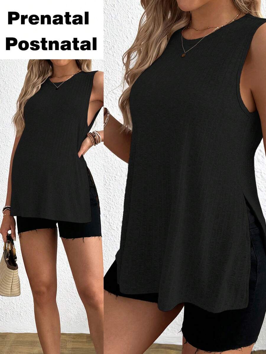 SHEIN Camiseta de tirantes casual de unicolor con cuello redondo para maternidad, dos estilos para usar durante y después del embarazo - Negro - Ver 1