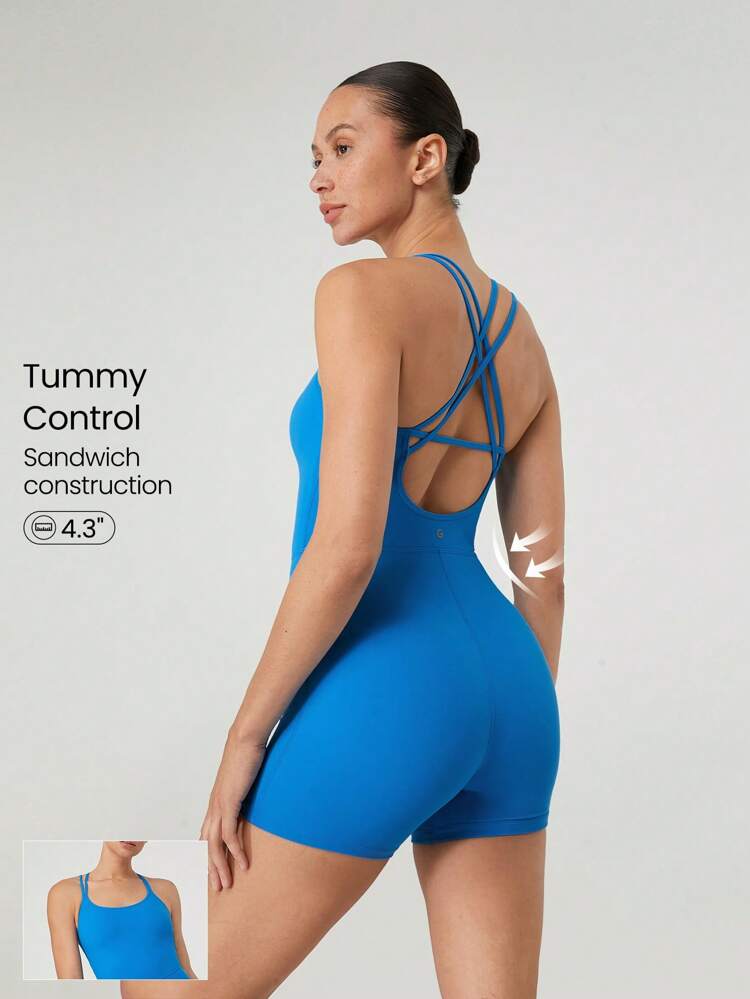4.3" FeatherFit™ Power Play Tummy Control Crossover Strappy Back Romper Bodysuit Low Impact Yoga Pilates Studio Daily Casual Wear Removable Cups