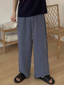 DAZY 男士条纹海军蓝白抽绳腰家居裤，春夏秋冬睡衣 - 藏蓝色 - 查看 5