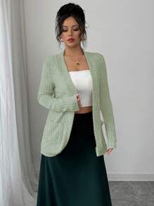 Chiquease Women's Casual Ribbed Velour Front Opening Side Pockets Shorts Jacket - Mint Green - View 3