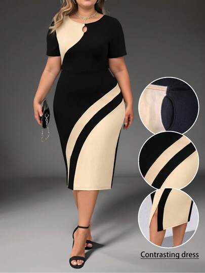 DreamSkyne Vestido sencillo de manga corta para mujer de talla grande con bloque de color para uso diario