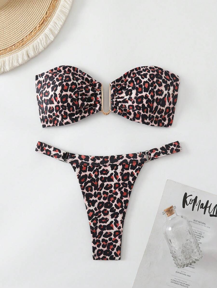 Swim Vcay Women's Leopard Print Random Pattern Sexy Metal Decor Bandeau Strapless Bikini Set, Summer - Multicolor - View 1