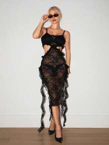 SHEIN ICON Lace Waist Cutout High Slit Ruffle Hem Sheer Back Halter Dress - Black - View 5
