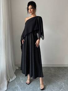 Elenzga Elegant Glamorous Shiny Open Shoulder Gathered Waist Dress - Black - View 3