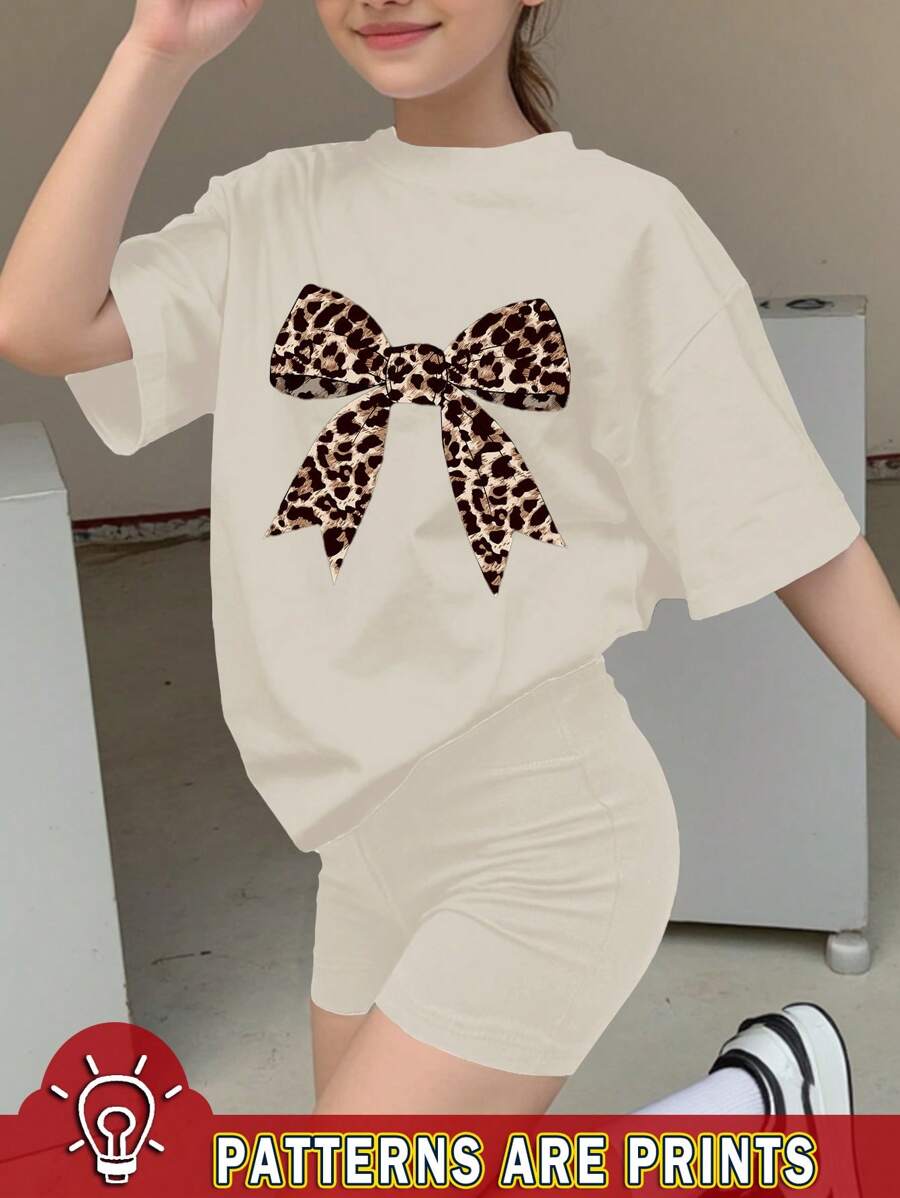 SHEIN Leap Crew 2pcs/Set Teen Girls Casual Minimalist Short Sleeve Round Neck Top, Suitable For Summer