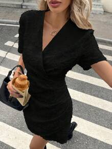 SHEIN Frenchy Women Short Mini Dress, V-Neck, Casual & , Suitable For Summer,Summer Dresses For Women Elegant Black Evening Dress - Black - View 6