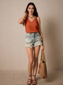 Poéselle 女士纯色无袖衬衫 夏季衣服 衬衫 夏季上衣 - 鏽棕色 - 查看 2