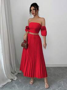 Elenzga 2pcs Set Women Off-Shoulder Cropped Top With 3D Floral Decor And High Waist Pleated Skirt - Red - View 5