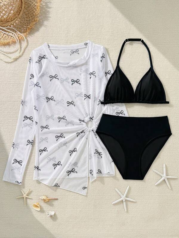 3pcs/Set T Teens Girls Cute Bow Print Swimsuit Set,Black Bikini Swimsuit Set And Cover-Up
