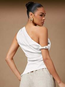 Hauture Women Summer Asymmetrical Shoulder Ruched Top, Summer Tops, For Daily, Date Night, Concerts, Performances, Parties, Clubs - White - View 4