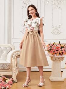 Elegant Short Floral Print Dress For Teen Girls, Ruffle Sleeve, V-Neck Lace Trim, Tie Waist High Low Hem Dress,Holiday,Summer,Travel - Khaki - View 4