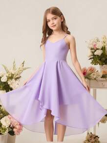 Flower Girl Elegant Chiffon Asymmetrical Ruffle Hem Slip Dress, High Low Design, Suitable For Wedding, Party, Birthday Events, Girls' - Mauve Purple - View 4