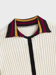 Manfinity Homme Men's Relaxed Fit Contrast Stripe Short Sleeve Knit Top,Polo Shirts For Men Collar,Suitable For Spring/Summer, Daily Wear, Vacation, Wedding, Couple Matching - Apricot - View 4