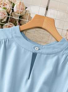 DreamSkyne Romantic Date  Plus Size Women V-Neck Sleeveless Solid Color Button Front Dress - Blue - View 4