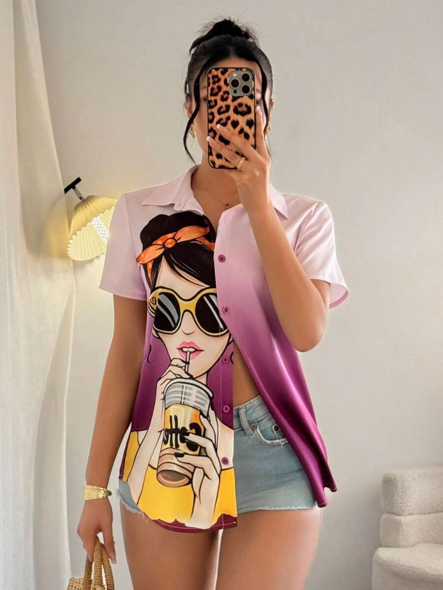 Elenzga Women's Cartoon Character Print Short Sleeve Single Breasted Casual Shirt - Multicolor - View 1