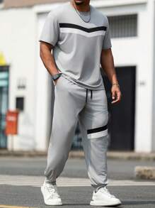 Manfinity Homme Plus Size Men's Summer Striped Printed Casual Short Sleeve T-Shirt And Drawstring Waist Long Sweat Pants Set, For Husband, Going Out Gym Clothes For Men Men Jogging Sets Men Summer Outfits Men T Shirt Co Ords Men Two Pieces Casual - Multicolor - View 3