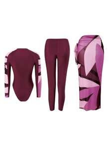 Swim Mulvari 3-Piece Random Print Women One-Piece Swimsuit With Round Neck, Long Sleeve, Shoulder Shirring, Zipper Front Design Top, High Waisted Swim Shorts With Drawstring, And Beach Dress, Modest Vacation Burkini Set