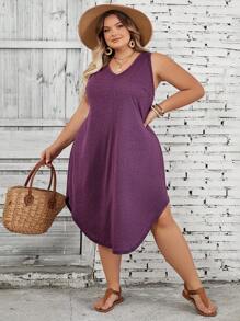 SHEIN CURVE+ Plus Size Women's Solid Color Curved Hem Vest Dress Purple - Purple - View 7