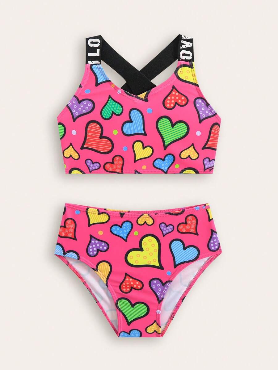 New Fashion Girls Heart Printed Camisole And Bikini Set