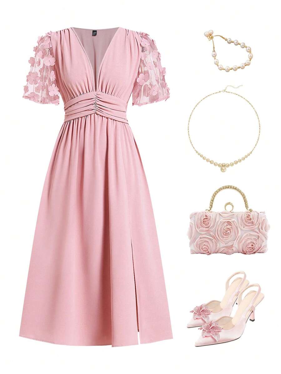 Ellevyn Vestido de media pantorrilla para invitados de boda color rosa para mujer, para primavera/verano