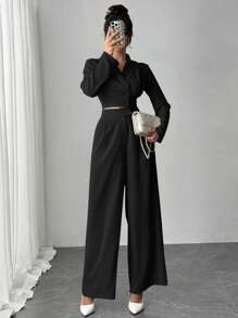 Firerie 2pcs Women Office Commuting Outfit Set: Long Sleeve Collared Shirt + Straight Leg Pants - Black - View 2
