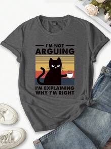 INAWLY Women's Cute Black Cat Print Casual Fitted T-Shirt, Summer