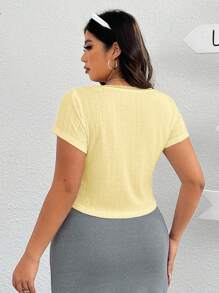 SHEIN EZwear 黄色提花针织大码女式短袖休闲 T 恤 - 黃色 - 查看 2